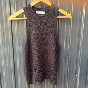 SO Black High Neck Knit Sweater Top Textured Crochet Pattern XS Boho Knitwear
